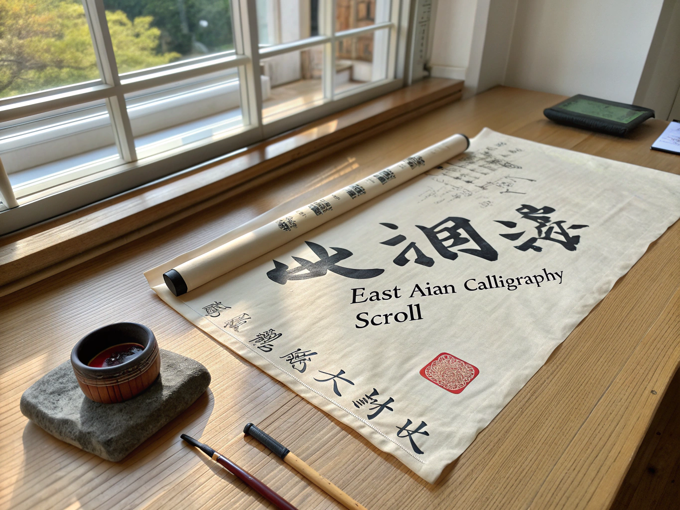 端砚研墨与徐徐展开的历代通史长卷插图，象征历史解释的理性思辨